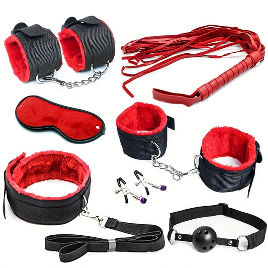 7pcs, Bondage Kit, Bed Restraints Set, Wrist Ankle Cuffs, Sexy Eye Mask, Mouth Plug, Sex Toys For Adult Party Supplies